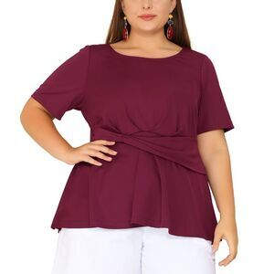 Women's Plus Size Short Sleeves Twisted Knot Front Peplum Tops Burgundy